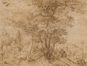 Un villaggio con un gruppo di alberi e un mulo, c.1552-54