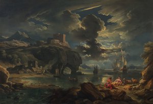 Paesaggio costiero mediterraneo al chiaro di luna, c.1700-01 da Pieter the Younger Mulier