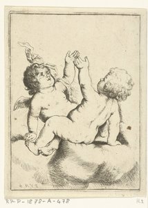 Un angelo e un bambino su una nuvola