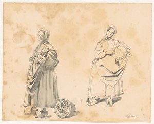 Due studi di una donna in piedi con un cesto da Pieter van Loon