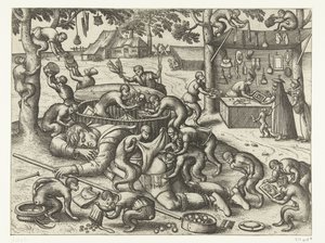 Venditore ambulante addormentato derubato da scimmie (serie: Gioco delle scimmie) da Pieter van der Borcht (I)
