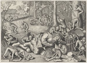 Venditore ambulante derubato da scimmie da Pieter van der Heyden