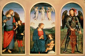 La vergine con gli angeli, a sinistra e a destra gli arcangeli Raffaele con il giovane Tobia e il pesce e Raffaele... (dipinto su tela) da Pietro (after) Perugino