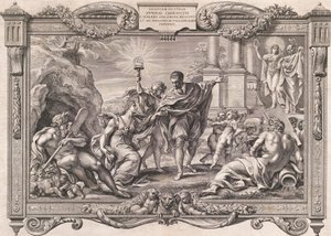 Annibale Carracci introduce la pittura ad Apollo e Minerva, 1674 da Pietro Aquila