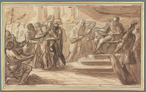 Un vescovo viene portato legato davanti a un imperatore romano