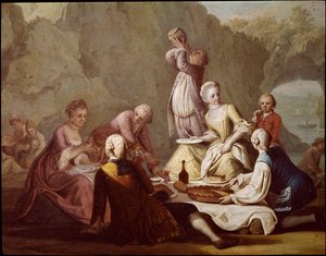 Scena di banchetto a Posillipo, Napoli (dettaglio di aristocratici in picnic, dipinto di Pietro Fabris, XVIII secolo, Museo Nazionale di San Martino, Napoli) da Pietro Fabris