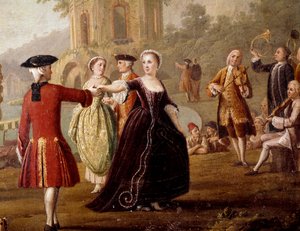 Scena di danza nobile e festa a Napoli. Ballerini in un parco. Dipinto di Pietro Fabris (attivo tra il 1763 e il 1776). XVIII secolo Napoli, Museo Nazionale di San Martino