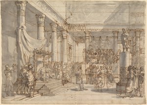 Timoteo che suona la lira davanti ad Alessandro e Taide nella sala del palazzo di Persepoli da Pietro Fancelli