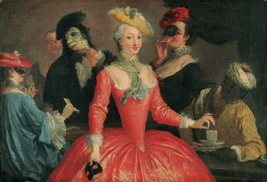 Compagnia elegante in costume da maschera che prende il caffè e gioca a carte