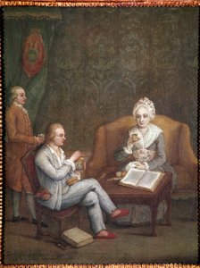 Ritratto di Adriana Giustinian con suo figlio Gerolamo Ascanio che prende cioccolata calda. Dipinto di Pietro Longhi (1702-1785) circa 1779. Venezia, Ca
