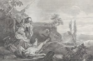 Adamo ed Eva a sinistra, come coppia anziana, in lutto sul cadavere di Abele che giace, 1743-63 da Pietro Monaco
