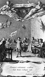 Carlo Goldoni sventola una bandiera in celebrazione del suo anno alla scuola dei Gesuiti a Perugia, da 