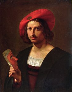 Ritratto di un giovane uomo con un cappello con distintivo, che tiene una maschera