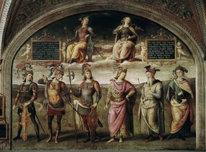 Forza e temperanza con sei antichi eroi. A sinistra autoritratto dell