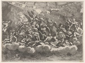 Riunione di vari dei olimpici e figure mitologiche tra le nuvole, Apollo al centro da Pietro Santi Bartoli