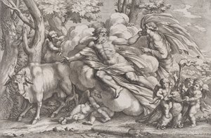 Io a sinistra come una mucca, Giove su una nuvola al centro e Giunone a destra da Pietro Santi Bartoli