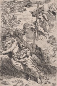 Maria Maddalena nel deserto, una croce portata da angeli a destra da Pietro Testa