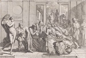 Simposio di Platone: Socrate e i suoi compagni seduti attorno a un tavolo discutendo sull