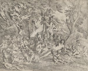 Il giardino di Venere che si reclina al centro davanti a un erma di Pan e circondata..., ca. 1631-37 da Pietro Testa
