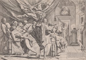 Il suicidio del filosofo Catone, che giace sul suo letto tirando fuori le sue viscere osservato da..., 1648 da Pietro Testa