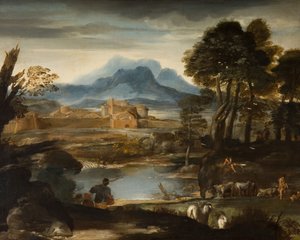 Paesaggio con un lago e una città murata da Pietro da Cortona