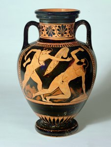 Anfora a collo rosso raffigurante Teseo in procinto di uccidere Procruste, 480-470 a.C. da Pig Painter
