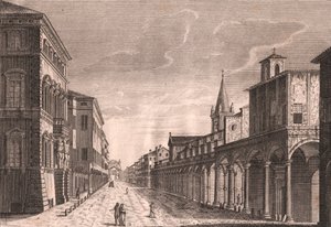 Vista della Strada Maggiore a Bologna, Emilia-Romagna, Italia, incisione su rame di C Lambertini dopo un disegno di Pio Panfili da Pio Panfili