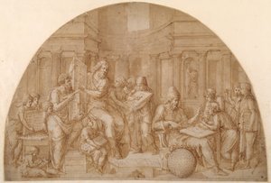 Progetto per una lunetta, con figure di matematici e i loro studenti