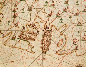 Isola di Malta, da atlante portolano composto da sei carte, di Placido Caloiro e Francesco Oliva, Pergamena. 1646.