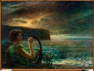 Luna piena, omaggio a una divinità femminile, che suona la lira in un paesaggio marino con cielo tempestoso