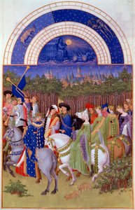 Corteo di nobili e musicisti a cavallo, vista del Palazzo Ducale di Riom (?) e il mese di maggio