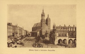 Cracovia-Krakau: Piazza del Mercato principale con la chiesa di Santa Maria (foto b/n)