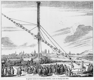 Il grande telescopio astronomico di Johannes Hevelius, illustrazione da Machina Coelestis di Hevelius, Danzica, pubblicato nel 1670