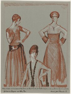 Gazette du Bon Ton, 1921 - No. 3, Pl. X: Abito pomeridiano e costume tailleur, di Paul Poiret, e abito pomeridiano, di Jeanne Lanvin da Porter Woodruff