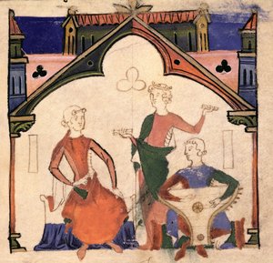 Fol.4r Musicisti che suonano nacchere e salterio, dal Chansonnier des Nobles da Portuguese School