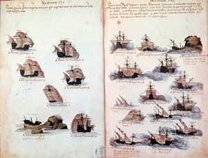 Pagina di manoscritto "Memoriali delle armate del Portogallo sotto il re Manuele I (1469-1521)" rappresentante le flotte portoghesi