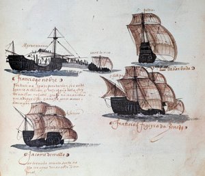 Memoriali delle Armate del Portogallo sotto il re Manuele I (1469-1521): rappresentazione delle caravelle della flotta portoghese. Miniatura da un manoscritto del 1497. Lisbona. Museo Nazionale di Arte Antica
