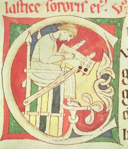 Ms 22 fol.139r Iniziale istoriata C che raffigura un monaco che scrive, da Vitae Sanctorum, Santa Cruz de Coimbra