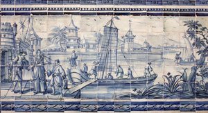 Scena sulle rive di un fiume in Asia - Azulejos, maiolica dipinta da Portuguese School