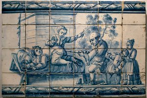 Il medico che fa un clistere a un paziente - Pannello satirico di Lisbona, prima metà del XVIII secolo - Museo nazionale degli azulejos, Lisbona