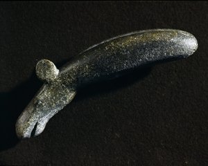 Preistoria: utensile in diorite a forma di alce. Età della Pietra. Museo Svedese di Antichità Nazionali, Stoccolma, Svezia
