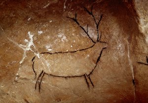 Preistoria: un cervo. Pittura rupestre del paleolitico superiore (Magdaleniano) (16.500 e 14.000 anni fa). Età della pietra. Grotta di Las Chimeneas, Monte Castillo, Spagna