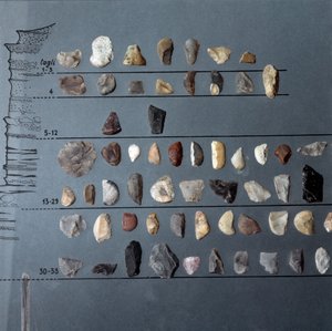 Preistoria, cultura di Pontiniano: pietre e selce dalla Grotta di Moscerini, Lazio. Età della pietra. Paleolitico superiore da Prehistoric Prehistoric