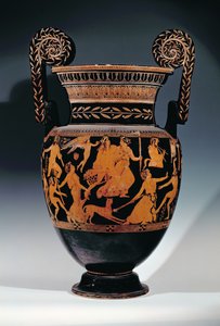 Voluta-cratere attico a figure rosse, decorato con una scena di attori e musicisti che si preparano per una performance, greco, da Ruvo, V secolo a.C. da Pronomos Painter