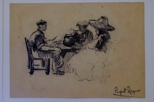 Figure sedute, Narcís Puget Riquer, disegno a carboncino, museo Puget, casa nobile di Can LLaudis, Dalt Vila, Ibiza, Isole Baleari, Spagna