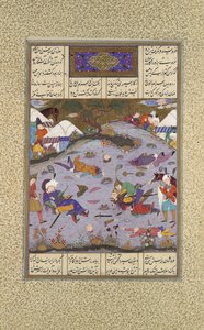 Giv vendica Bahram uccidendo Tazhav, Folio 248r dal libro Shahnama, ca. 1525-30 da Qadimi