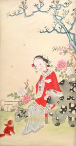 Ragazza seduta su una sedia di roccia rustica da Qing Dynasty Chinese School