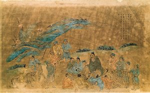 Il filosofo cinese Confucio circondato dai suoi discepoli da Qing Dynasty Chinese School