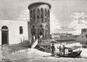 Una piccola torre moresca che ospita il club degli ufficiali italiani, Massaua, Eritrea, incisione da un disegno di Quinto Cenni e uno schizzo di Pieragostini, da L