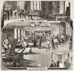 Casa editrice Fratelli Treves: studio dei disegnatori, falegnameria, pulizia delle pietre litografiche, litografia, Milano, Italia, incisione da un disegno di Quinto Cenni, da L